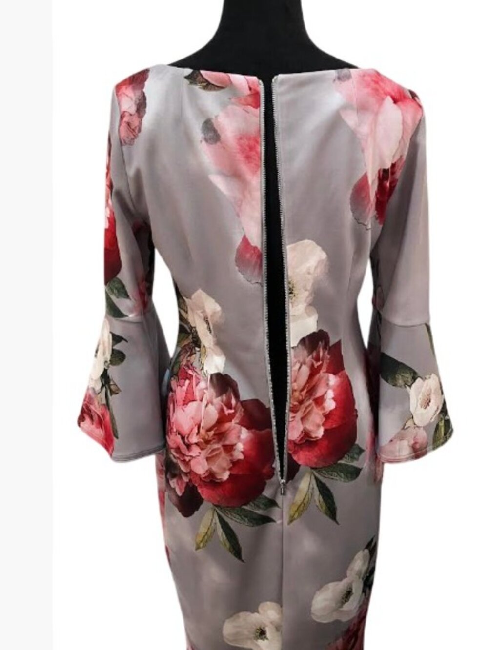 Calvin Klein Gray and Pink Floral Bell Sleeve Midi Sheath Dress  Size 8 Like New - Picture 7 of 13
